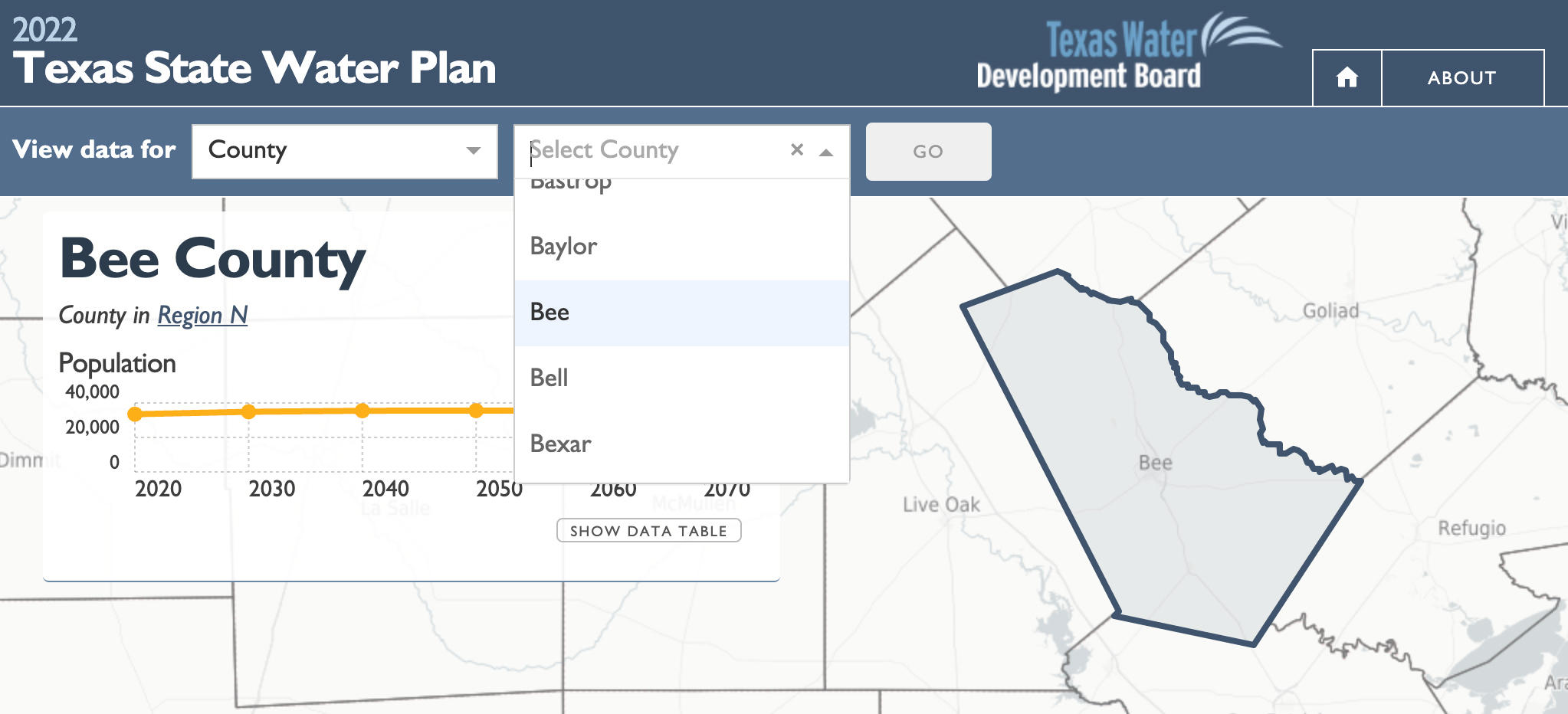 Bee County on the interactive State Water Plan
