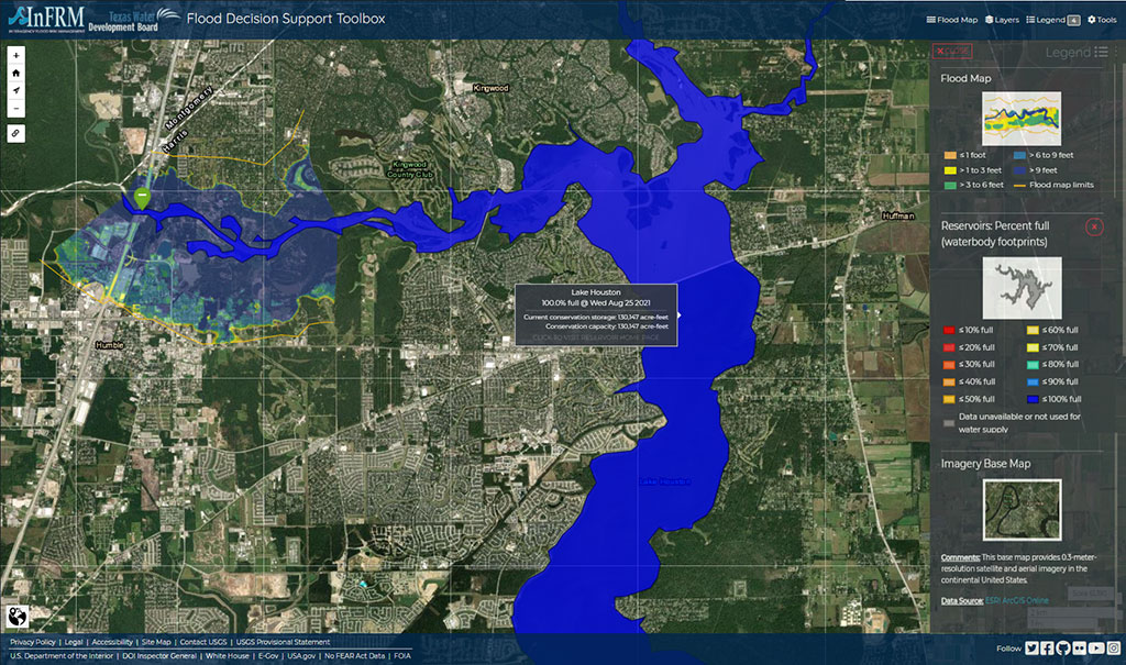 Reservoir conditions across Texas can be found under “Observation Stations.” A color-coded status of lake/reservoir conditions is displayed and an explanation of the colors is available in the legend. A map of current reservoir conditions for a lake and a modeled flood inundation area from a nearby stream are shown in this image. USGS image.