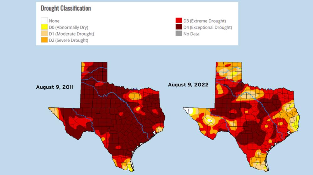 Comparison of drought conditions on August 9, 2022, and August 9, 2011.